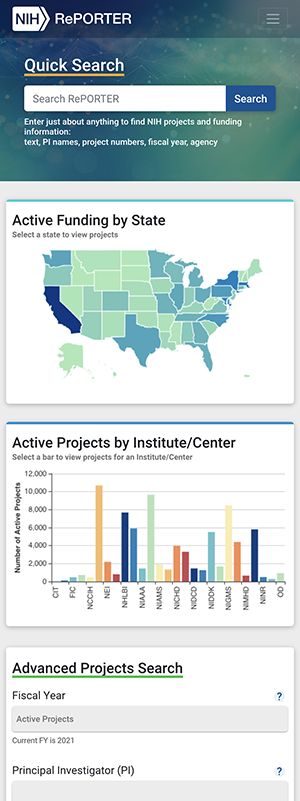 NIH RePORTER - Homepage mobile screeshot