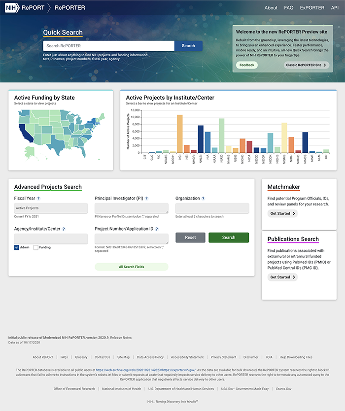 NIH RePORTER - Homepage screeshot