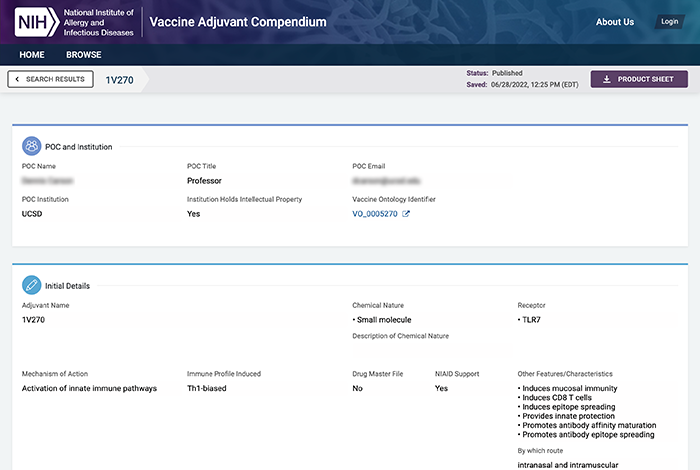 NIH Vaccine Adjuvant Compendium - Adjuvant Details page screeshot