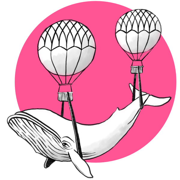 Illustration of a whale flying suspended between two hot air balloons